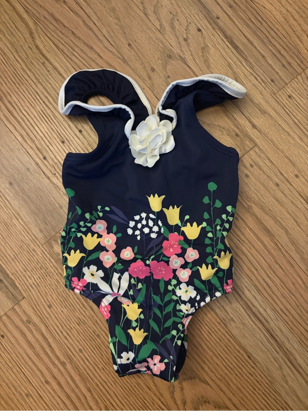 Janie & Jack Navy Floral One-Piece Swimsuit with White Flower Accent